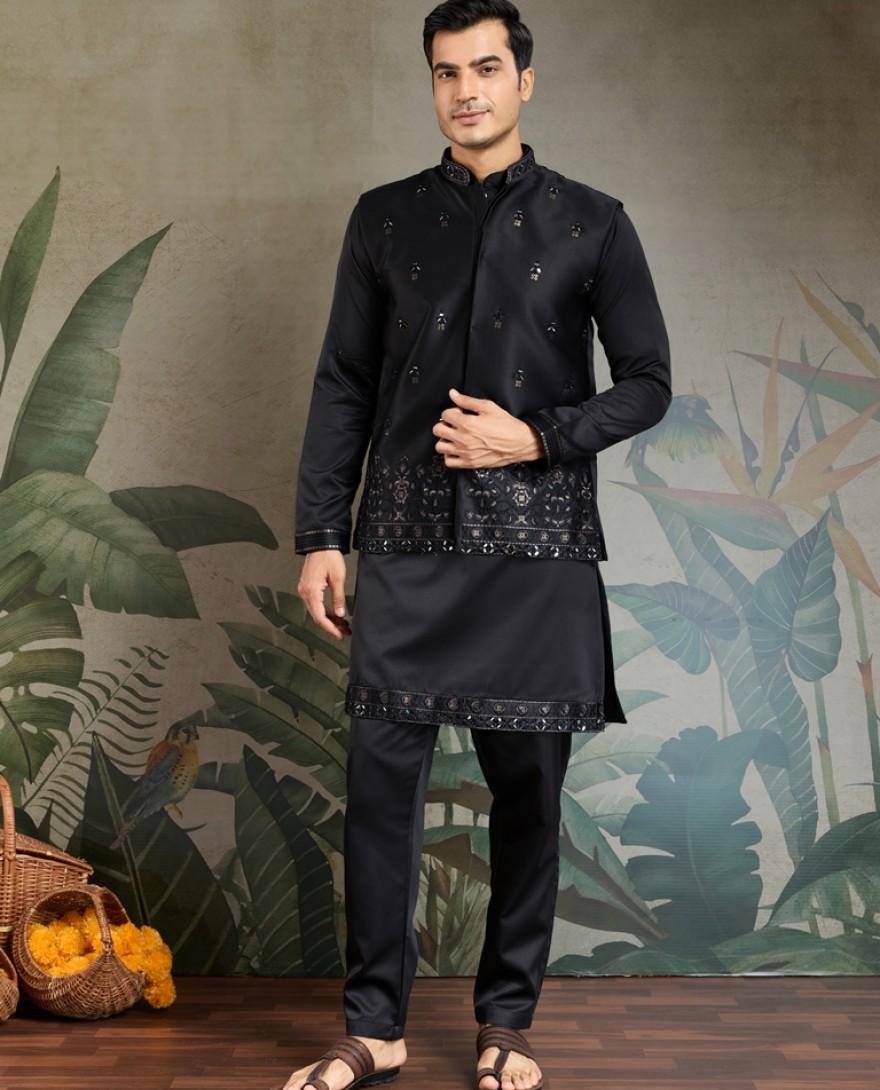 61101-black - Elegant Black Embellished Kurta Set for Men